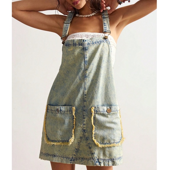 Boho Light Wash Frayed Pockets Denim Overalls Mini Dress - Picture 1 of 7